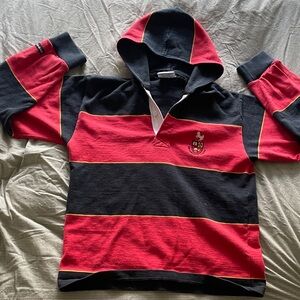Men's Red and Blue Hooded Rugby Shirt with Crest Detail